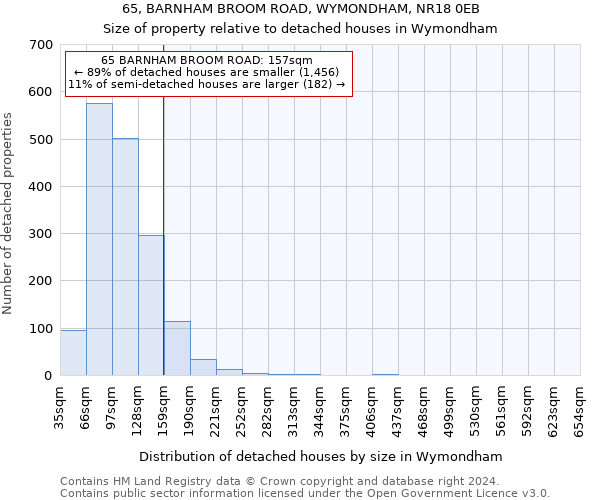 65, BARNHAM BROOM ROAD, WYMONDHAM, NR18 0EB: Size of property relative to detached houses in Wymondham