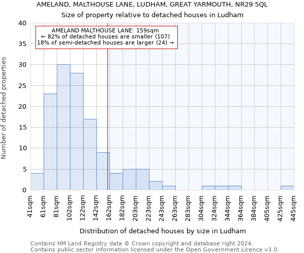 AMELAND, MALTHOUSE LANE, LUDHAM, GREAT YARMOUTH, NR29 5QL: Size of property relative to detached houses in Ludham