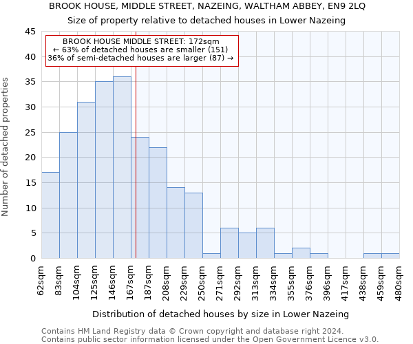 BROOK HOUSE, MIDDLE STREET, NAZEING, WALTHAM ABBEY, EN9 2LQ: Size of property relative to detached houses in Lower Nazeing