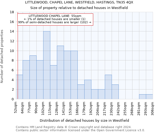 LITTLEWOOD, CHAPEL LANE, WESTFIELD, HASTINGS, TN35 4QX: Size of property relative to detached houses in Westfield