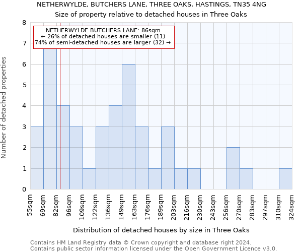 NETHERWYLDE, BUTCHERS LANE, THREE OAKS, HASTINGS, TN35 4NG: Size of property relative to detached houses in Three Oaks