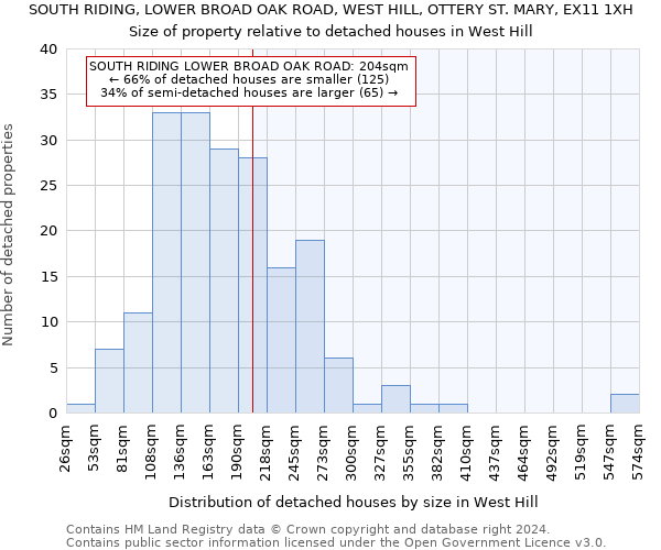 SOUTH RIDING, LOWER BROAD OAK ROAD, WEST HILL, OTTERY ST. MARY, EX11 1XH: Size of property relative to detached houses in West Hill