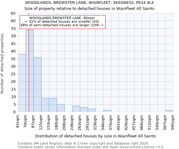 WOODLANDS, BREWSTER LANE, WAINFLEET, SKEGNESS, PE24 4LX: Size of property relative to detached houses in Wainfleet All Saints