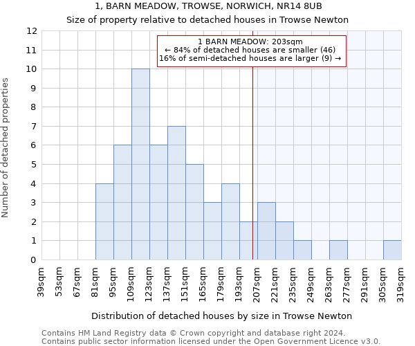 1, BARN MEADOW, TROWSE, NORWICH, NR14 8UB: Size of property relative to detached houses in Trowse Newton