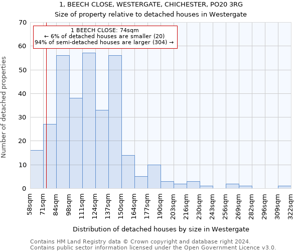 1, BEECH CLOSE, WESTERGATE, CHICHESTER, PO20 3RG: Size of property relative to detached houses in Westergate