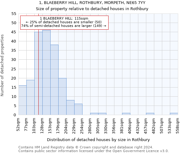 1, BLAEBERRY HILL, ROTHBURY, MORPETH, NE65 7YY: Size of property relative to detached houses in Rothbury