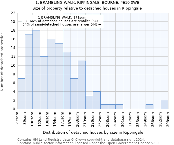 1, BRAMBLING WALK, RIPPINGALE, BOURNE, PE10 0WB: Size of property relative to detached houses in Rippingale