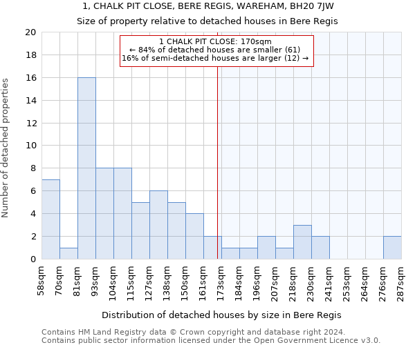 1, CHALK PIT CLOSE, BERE REGIS, WAREHAM, BH20 7JW: Size of property relative to detached houses in Bere Regis