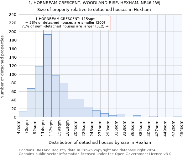 1, HORNBEAM CRESCENT, WOODLAND RISE, HEXHAM, NE46 1WJ: Size of property relative to detached houses in Hexham