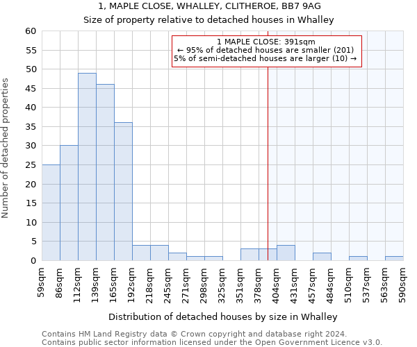 1, MAPLE CLOSE, WHALLEY, CLITHEROE, BB7 9AG: Size of property relative to detached houses in Whalley