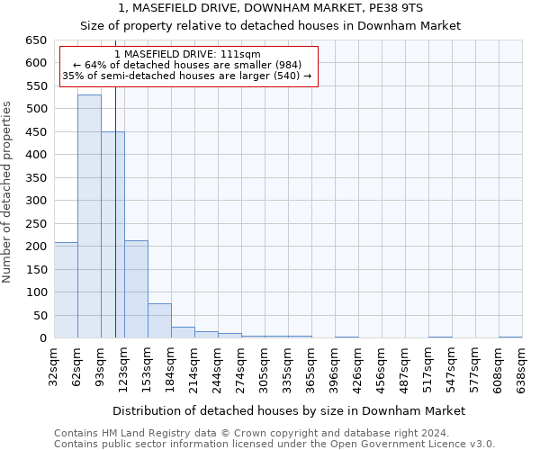 1, MASEFIELD DRIVE, DOWNHAM MARKET, PE38 9TS: Size of property relative to detached houses in Downham Market