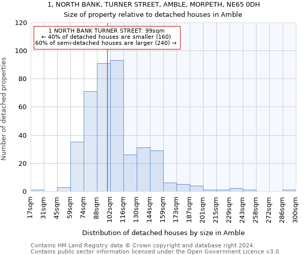 1, NORTH BANK, TURNER STREET, AMBLE, MORPETH, NE65 0DH: Size of property relative to detached houses in Amble