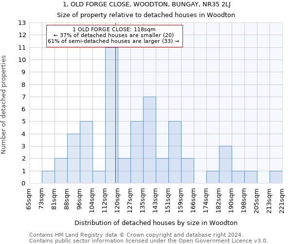 1, OLD FORGE CLOSE, WOODTON, BUNGAY, NR35 2LJ: Size of property relative to detached houses in Woodton