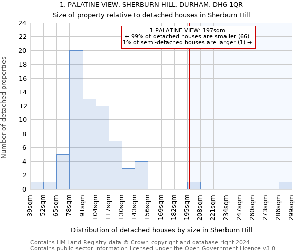 1, PALATINE VIEW, SHERBURN HILL, DURHAM, DH6 1QR: Size of property relative to detached houses in Sherburn Hill