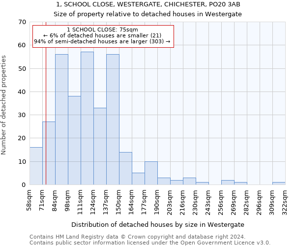 1, SCHOOL CLOSE, WESTERGATE, CHICHESTER, PO20 3AB: Size of property relative to detached houses in Westergate