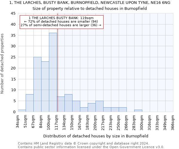 1, THE LARCHES, BUSTY BANK, BURNOPFIELD, NEWCASTLE UPON TYNE, NE16 6NG: Size of property relative to detached houses in Burnopfield