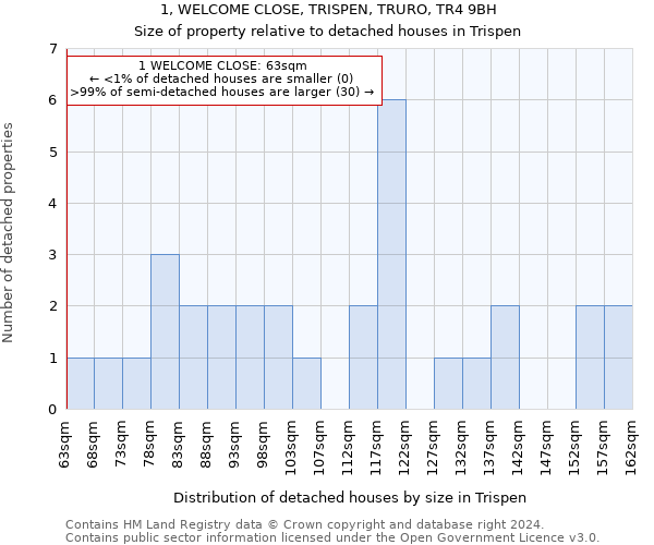 1, WELCOME CLOSE, TRISPEN, TRURO, TR4 9BH: Size of property relative to detached houses in Trispen