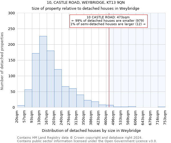 10, CASTLE ROAD, WEYBRIDGE, KT13 9QN: Size of property relative to detached houses in Weybridge