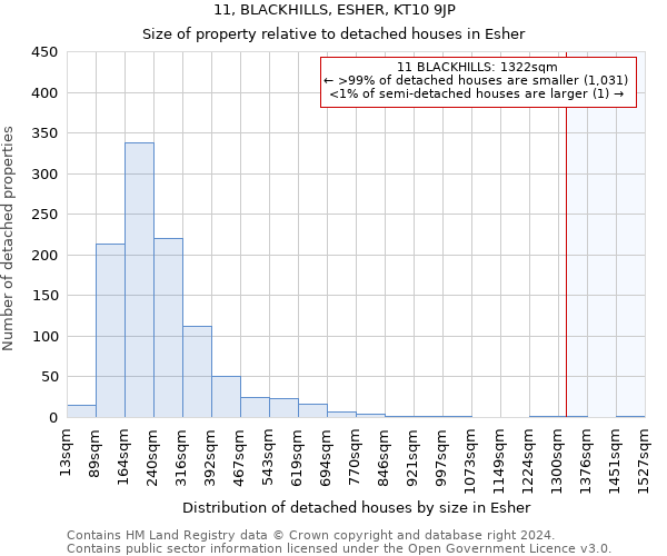 11, BLACKHILLS, ESHER, KT10 9JP: Size of property relative to detached houses in Esher