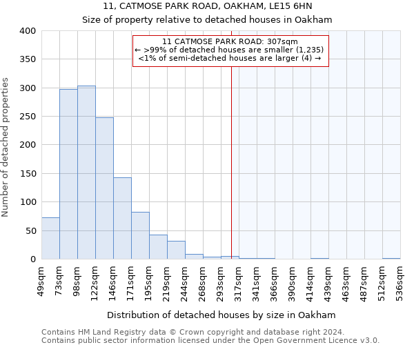 11, CATMOSE PARK ROAD, OAKHAM, LE15 6HN: Size of property relative to detached houses in Oakham