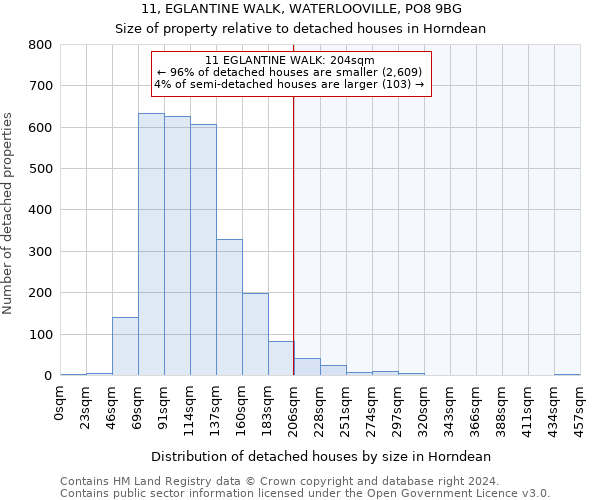 11, EGLANTINE WALK, WATERLOOVILLE, PO8 9BG: Size of property relative to detached houses in Horndean