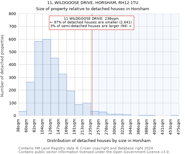 11, WILDGOOSE DRIVE, HORSHAM, RH12 1TU: Size of property relative to detached houses in Horsham