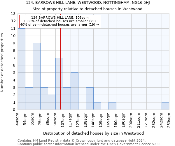 124, BARROWS HILL LANE, WESTWOOD, NOTTINGHAM, NG16 5HJ: Size of property relative to detached houses in Westwood