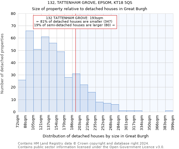 132, TATTENHAM GROVE, EPSOM, KT18 5QS: Size of property relative to detached houses in Great Burgh