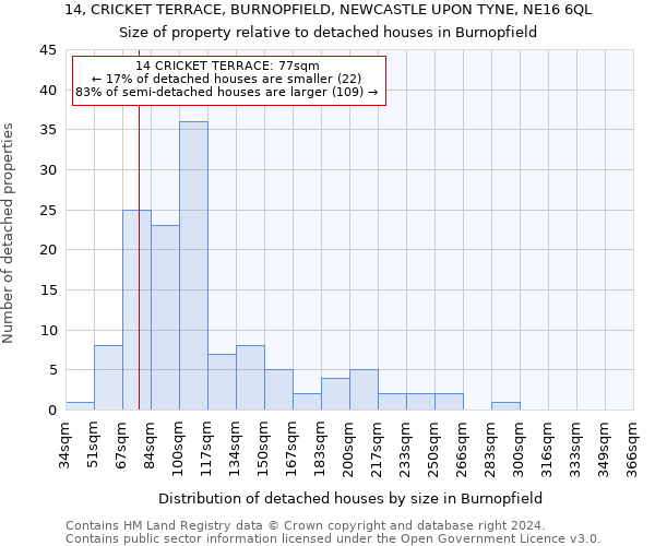 14, CRICKET TERRACE, BURNOPFIELD, NEWCASTLE UPON TYNE, NE16 6QL: Size of property relative to detached houses in Burnopfield