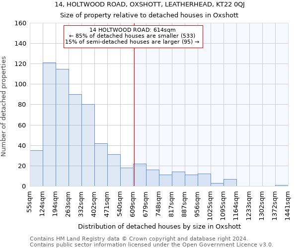 14, HOLTWOOD ROAD, OXSHOTT, LEATHERHEAD, KT22 0QJ: Size of property relative to detached houses in Oxshott