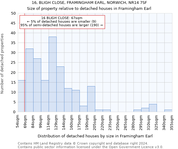 16, BLIGH CLOSE, FRAMINGHAM EARL, NORWICH, NR14 7SF: Size of property relative to detached houses in Framingham Earl