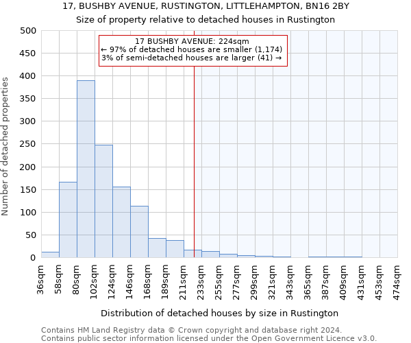 17, BUSHBY AVENUE, RUSTINGTON, LITTLEHAMPTON, BN16 2BY: Size of property relative to detached houses in Rustington