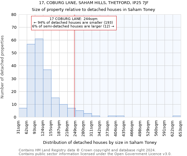 17, COBURG LANE, SAHAM HILLS, THETFORD, IP25 7JF: Size of property relative to detached houses in Saham Toney