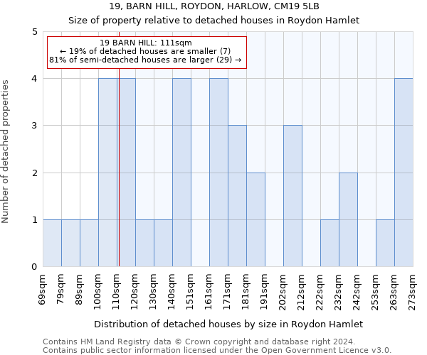 19, BARN HILL, ROYDON, HARLOW, CM19 5LB: Size of property relative to detached houses in Roydon Hamlet