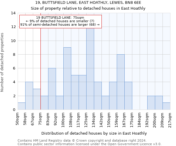 19, BUTTSFIELD LANE, EAST HOATHLY, LEWES, BN8 6EE: Size of property relative to detached houses in East Hoathly