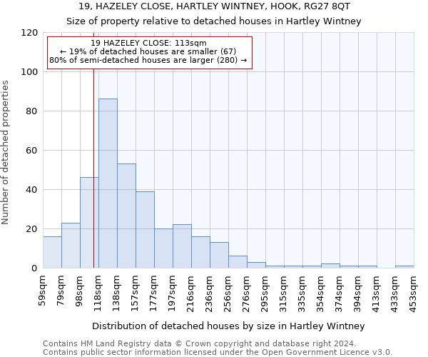 19, HAZELEY CLOSE, HARTLEY WINTNEY, HOOK, RG27 8QT: Size of property relative to detached houses in Hartley Wintney