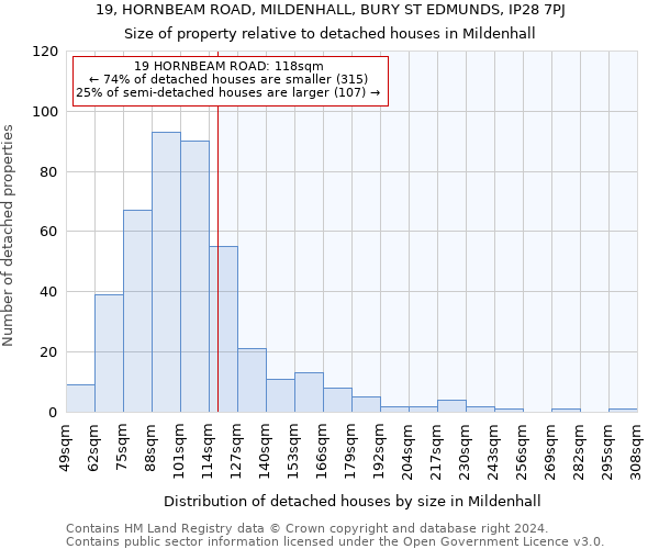 19, HORNBEAM ROAD, MILDENHALL, BURY ST EDMUNDS, IP28 7PJ: Size of property relative to detached houses in Mildenhall