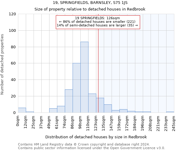 19, SPRINGFIELDS, BARNSLEY, S75 1JS: Size of property relative to detached houses in Redbrook