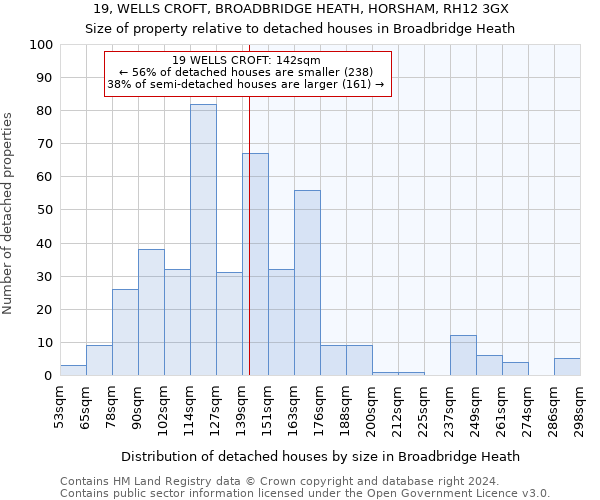 19, WELLS CROFT, BROADBRIDGE HEATH, HORSHAM, RH12 3GX: Size of property relative to detached houses in Broadbridge Heath