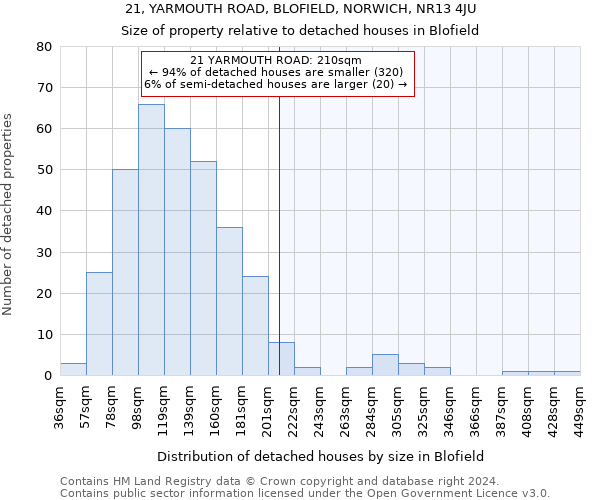 21, YARMOUTH ROAD, BLOFIELD, NORWICH, NR13 4JU: Size of property relative to detached houses in Blofield