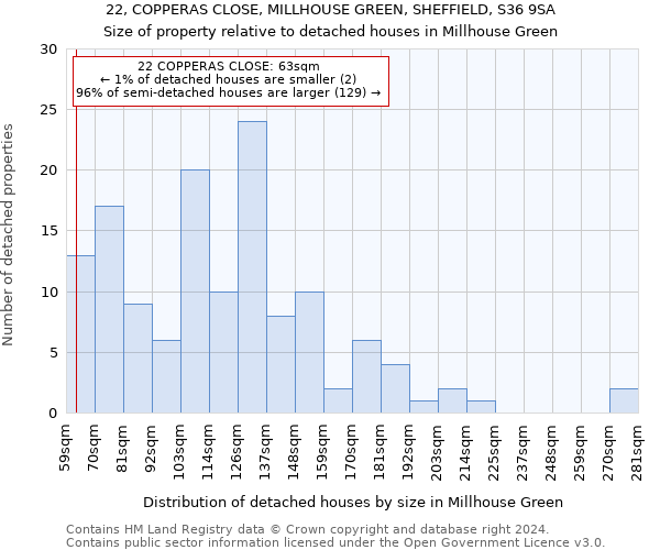 22, COPPERAS CLOSE, MILLHOUSE GREEN, SHEFFIELD, S36 9SA: Size of property relative to detached houses in Millhouse Green