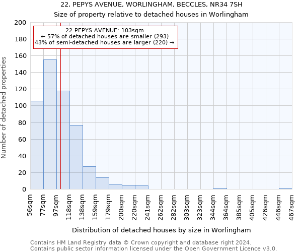 22, PEPYS AVENUE, WORLINGHAM, BECCLES, NR34 7SH: Size of property relative to detached houses in Worlingham