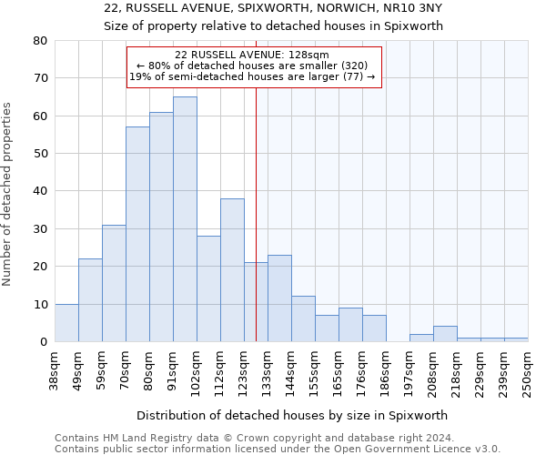 22, RUSSELL AVENUE, SPIXWORTH, NORWICH, NR10 3NY: Size of property relative to detached houses in Spixworth