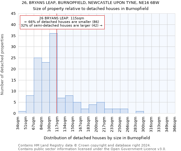 26, BRYANS LEAP, BURNOPFIELD, NEWCASTLE UPON TYNE, NE16 6BW: Size of property relative to detached houses in Burnopfield