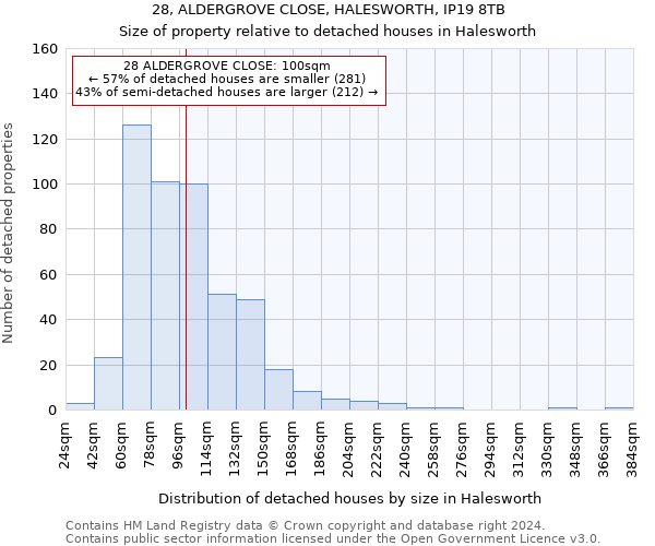 28, ALDERGROVE CLOSE, HALESWORTH, IP19 8TB: Size of property relative to detached houses in Halesworth