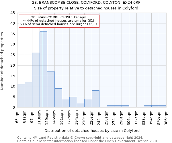 28, BRANSCOMBE CLOSE, COLYFORD, COLYTON, EX24 6RF: Size of property relative to detached houses in Colyford