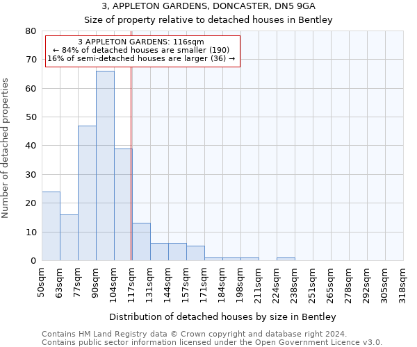 3, APPLETON GARDENS, DONCASTER, DN5 9GA: Size of property relative to detached houses in Bentley