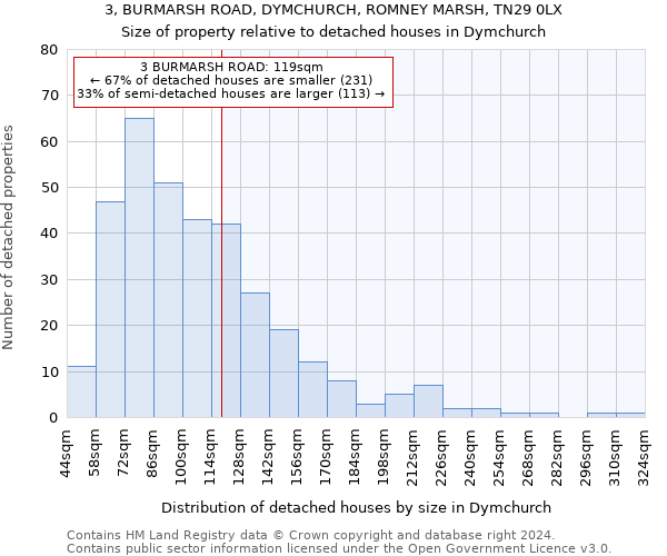 3, BURMARSH ROAD, DYMCHURCH, ROMNEY MARSH, TN29 0LX: Size of property relative to detached houses in Dymchurch