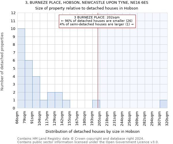 3, BURNEZE PLACE, HOBSON, NEWCASTLE UPON TYNE, NE16 6ES: Size of property relative to detached houses in Hobson