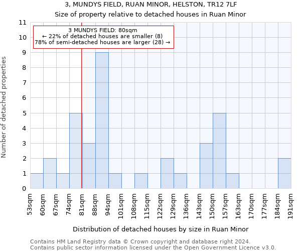 3, MUNDYS FIELD, RUAN MINOR, HELSTON, TR12 7LF: Size of property relative to detached houses in Ruan Minor